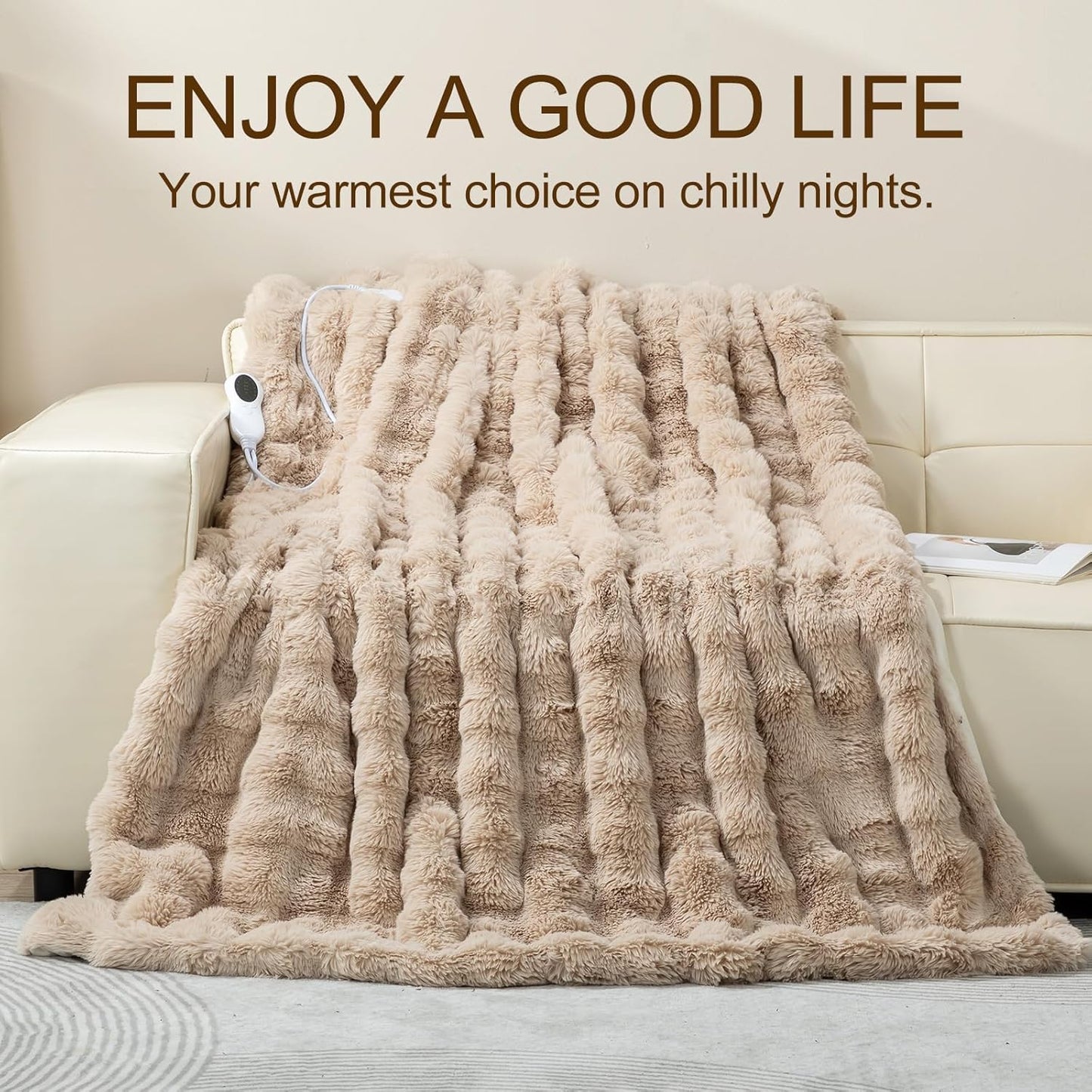 Faux Rabbit Fur Electric Blanket Throw 51"x63" – Heated Blanket with 5 Heat Levels 86°F–158°F, Digital Display & 2/4/8H Timer, Fast Heating, Machine Washable Bubble Plush Crystal Velvet Heating Throw
