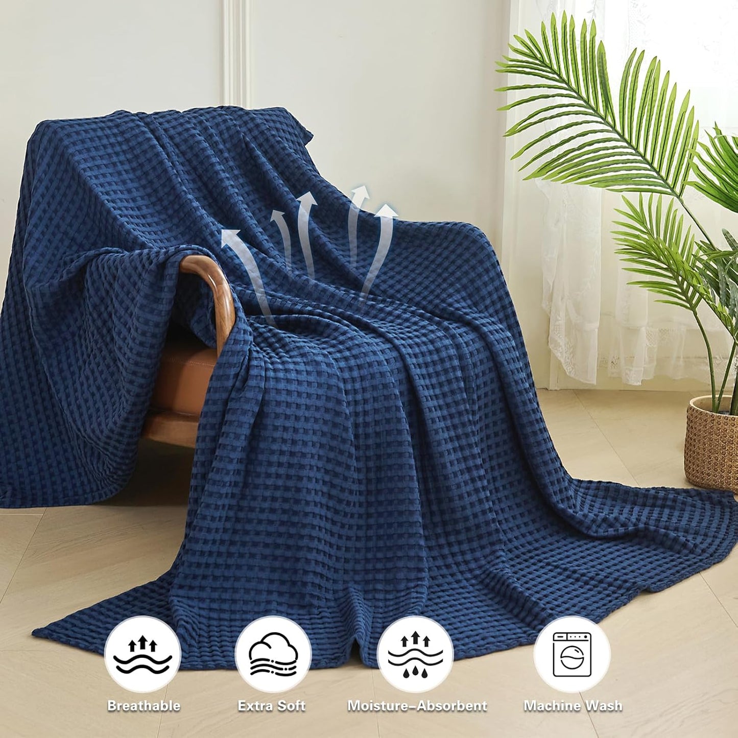 Aganear Waffle Blanket - Lightweight Breathable Summer Blanket of 50% Cotton and 50% Rayon Derived from Bamboo for Hot Sleepers Luxury Throws for Bed, Couch and Sofa,Navy,90x90 Inches