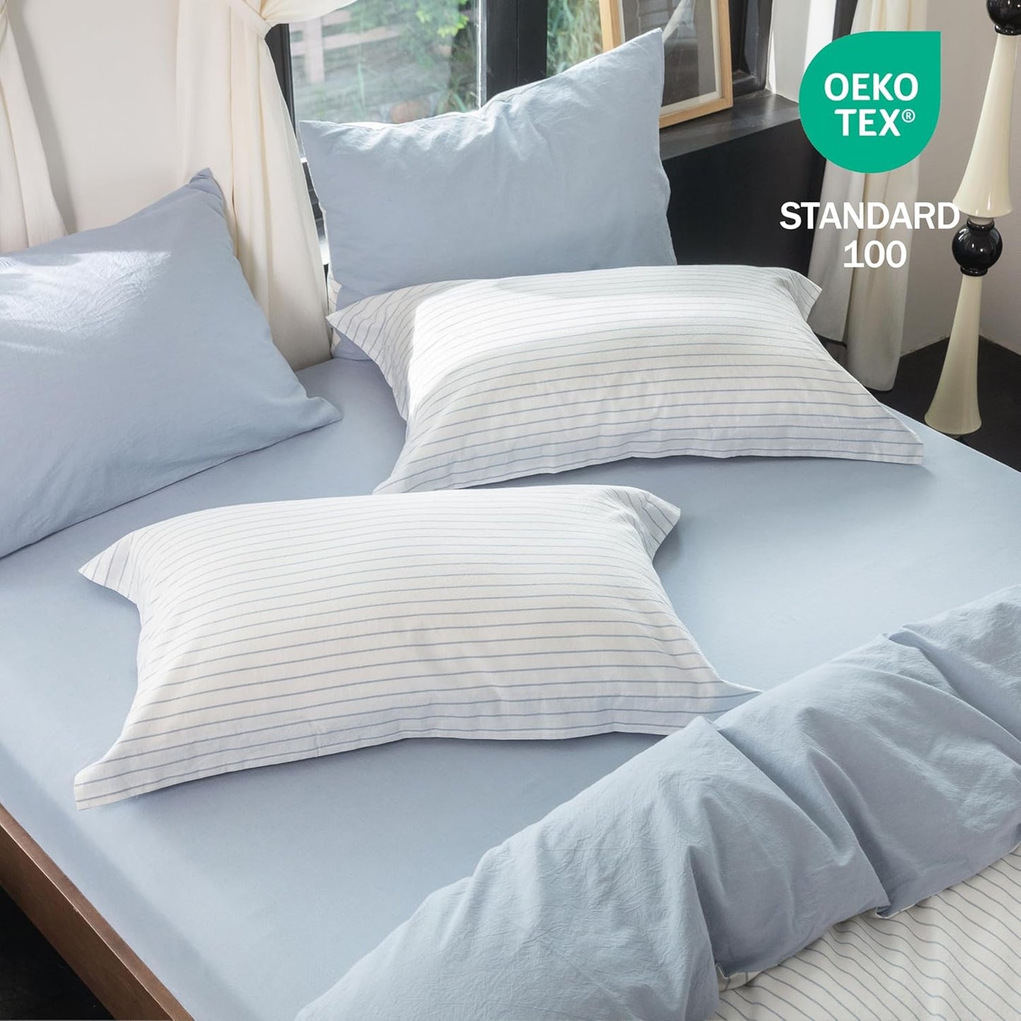 Reversible Duvet Cover Set 100% Washed Cotton Sky Blue Stripe Linen Feel Duvet Cover Queen Size with Zipper Closure & 2 Pillow Shams,Sky Blue/White Stripe Reverse Solid Sky Blue