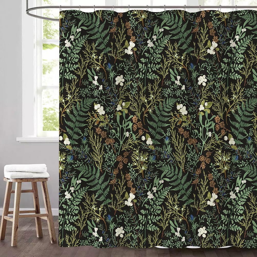 Black Green Vintage Shower Curtain NatureFloral Herbs and Botanical Plants Maximalist Bathroom Decor Dark Cottagecore Shower Curtain Sets 72Wx72H Waterproof Polyester
