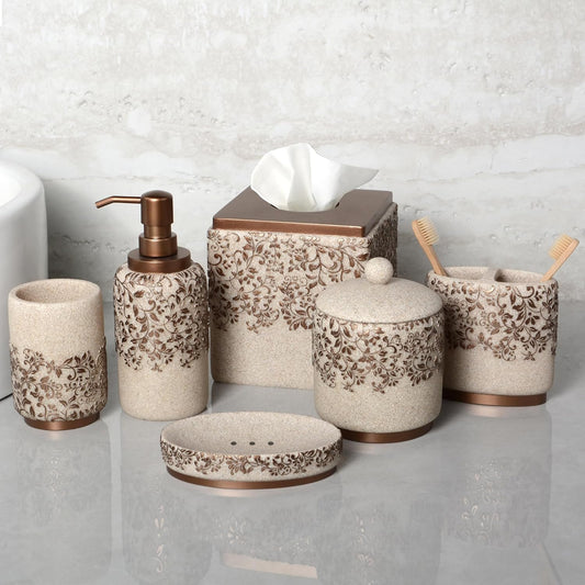 Decozen Bathroom Accessories Set 6Pcs – Soap Dispenser, Toothbrush Holder, Tumbler, Soap Dish & Cotton Swab Jar – Modern Bathroom Decor, Bath Set for Christmas Decor