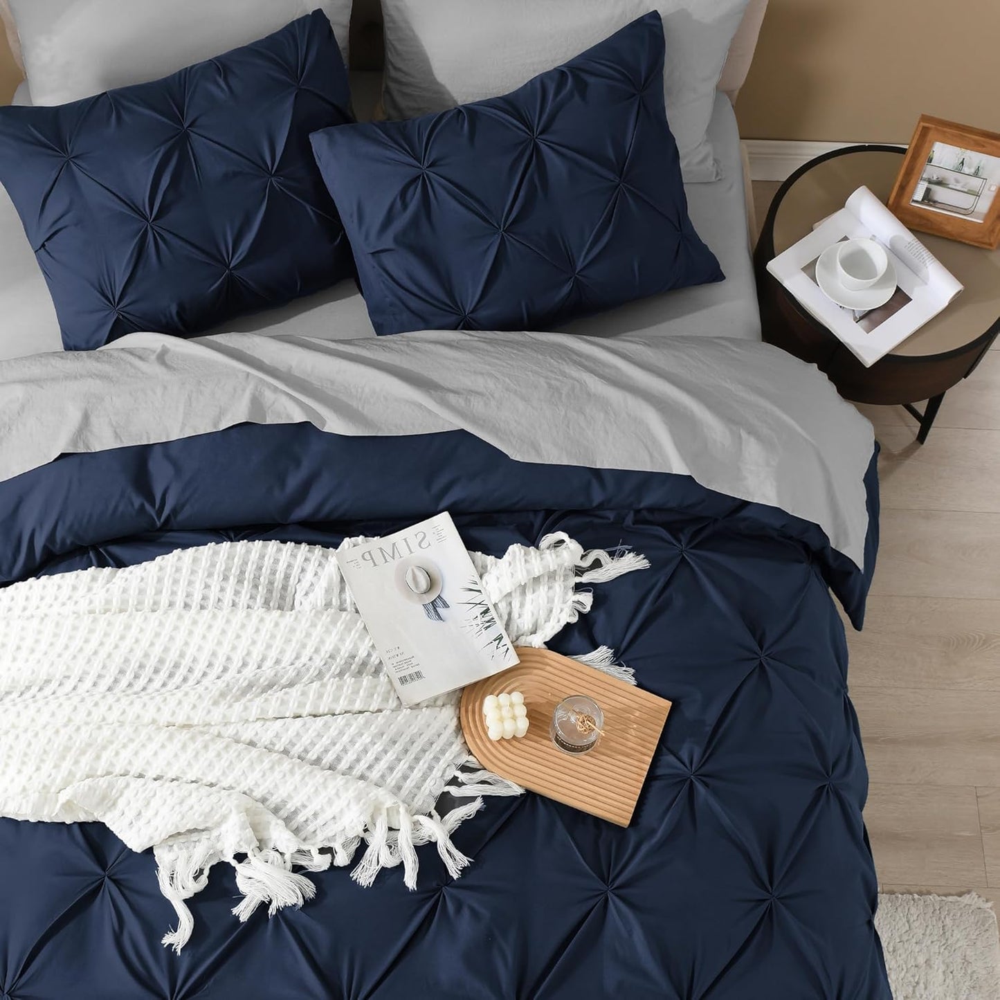 Litanika Navy Blue California King Pinch Pleat Duvet Cover, 3 Pieces Pintuck Cover Soft Microfiber Bedding Set with Zipper Closure & Corner Ties(1 Duvet Cover, 2 Pillowcases)
