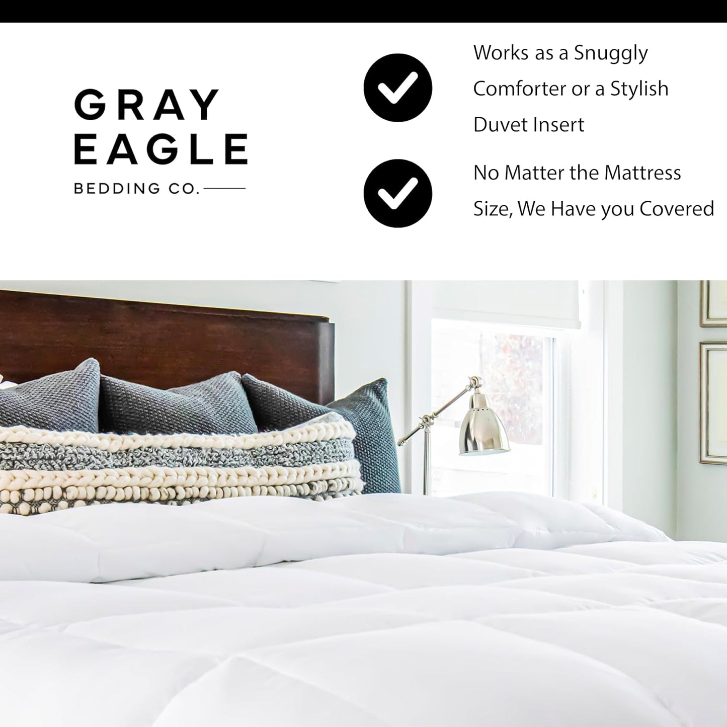 Gray Eagle Oversized King Comforter 120x120 – Extra Large Synthetic Down Alternative Comforter – Ultra Soft Microfiber, All-Season, Lightweight & Fluffy – Hotel-Quality, Machine Washable, White