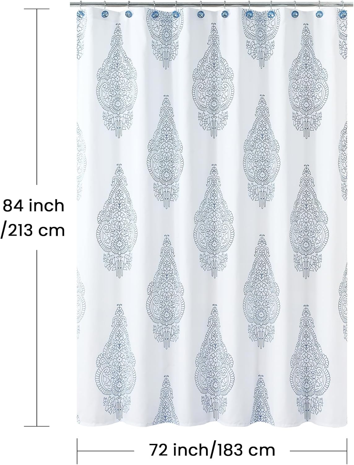 Extra Long Fabric Shower Curtain, White and Blue Paisley Damask Medallion Print Shower Curtains for Bathroom, 72" W x 84" H