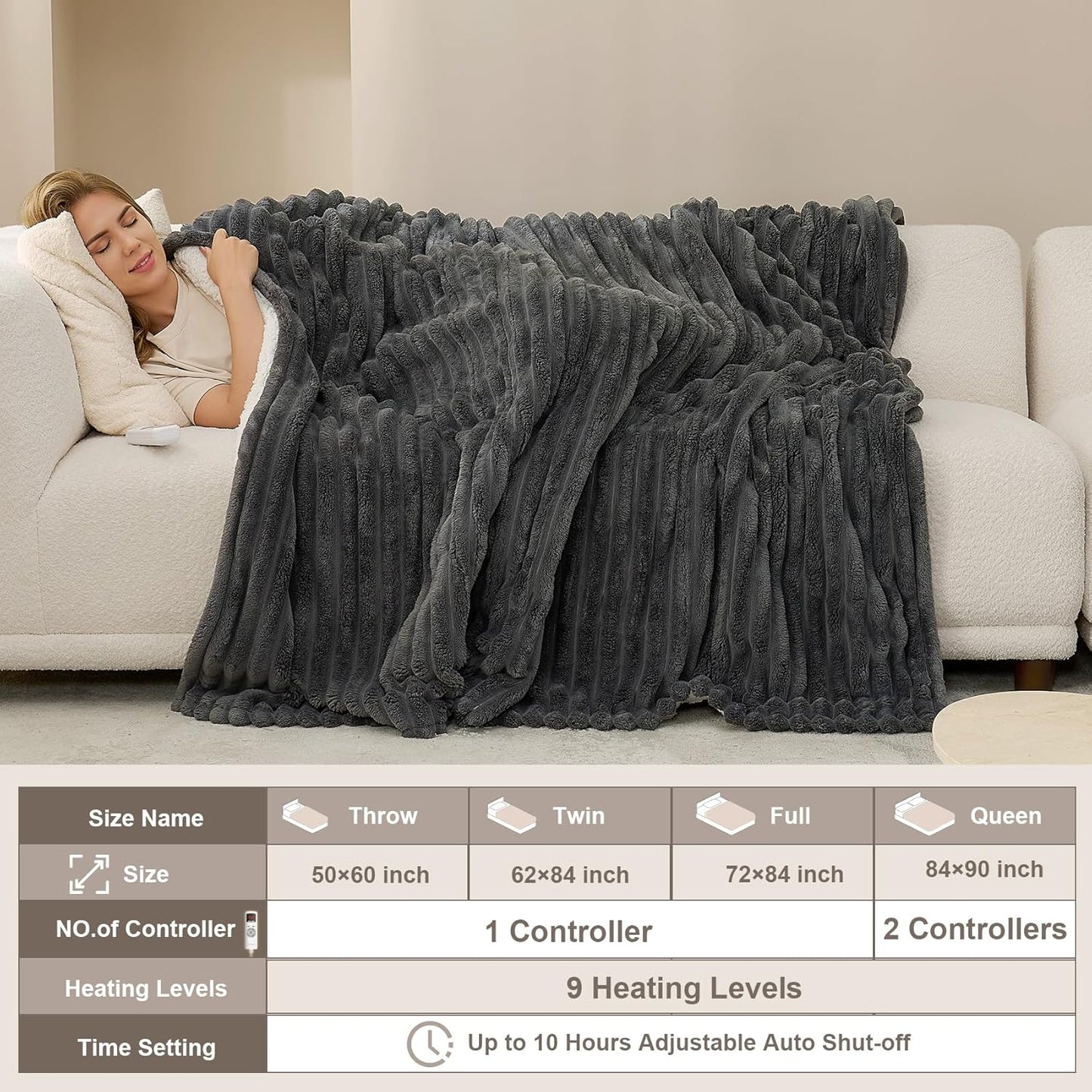 Hansleep Heated Blanket King Size Electric Throw Dual Control, Heating Blanket with 9 Heating Levels and 10-Hour Timer Auto Shut Off, Washable Soft Warm Winter Blanket, 90 x 100 Inches, Dark Grey