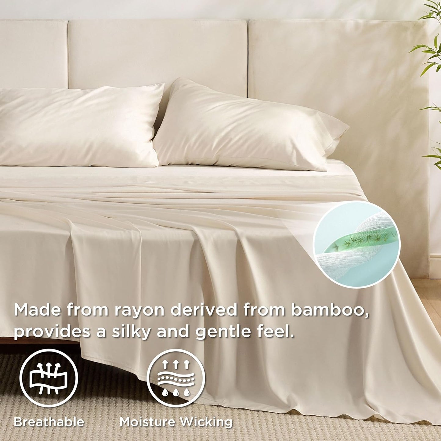 Bedsure Queen Sheet Set, Rayon Derived from Bamboo, Cooling Sheets, Breathable & Soft, Deep Pocket Up to 16", Hotel Luxury Silky Bedding for Hot Sleepers, Light Beige