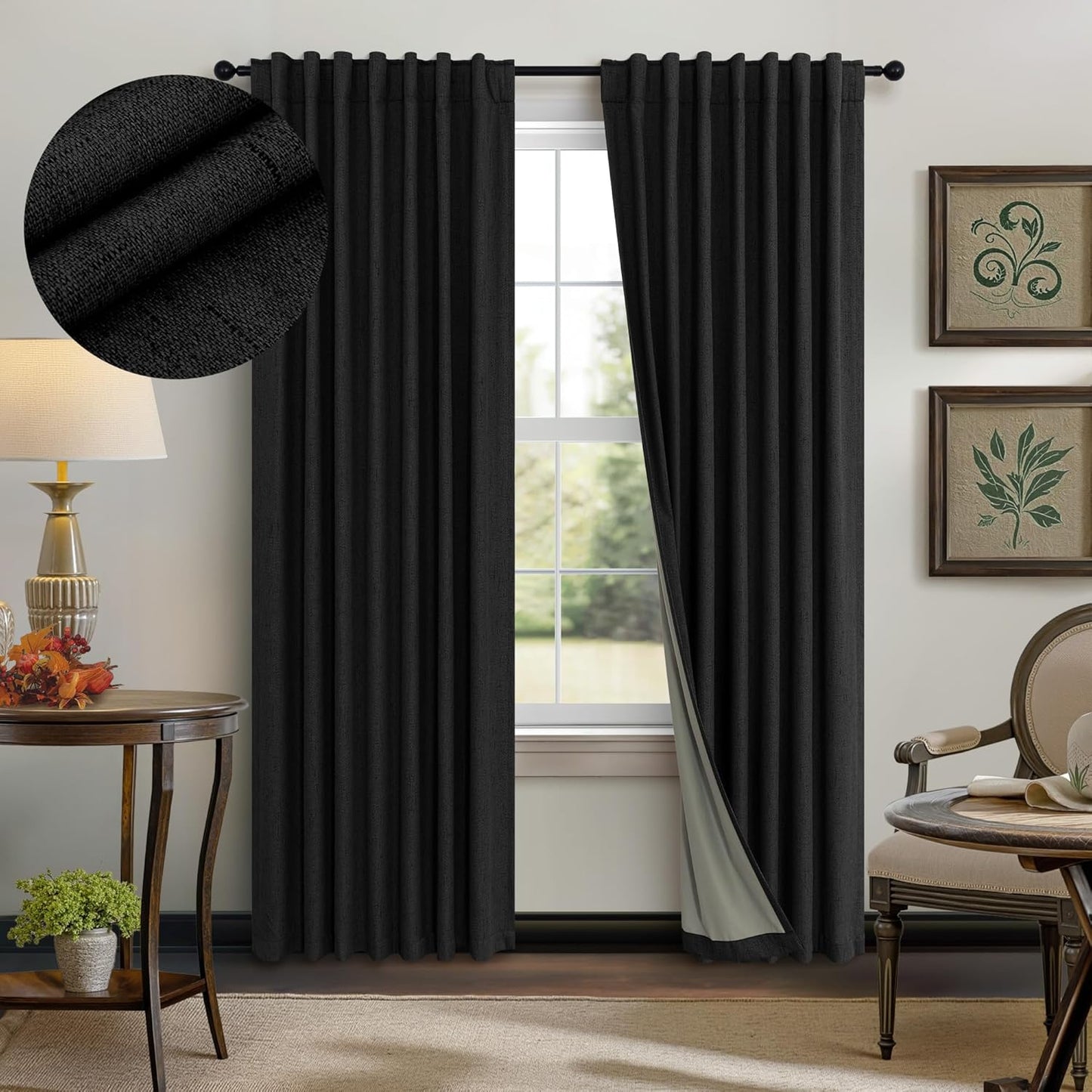 Nursery Blackout Curtains 63 Inch Length for Bedroom 2 Panels Back Tab Pocket Heavy Thick Linen Textured Room Darkening Sound Proof Insulated Thermal Dark Out Black Curtain for Winter 63 Inches Long