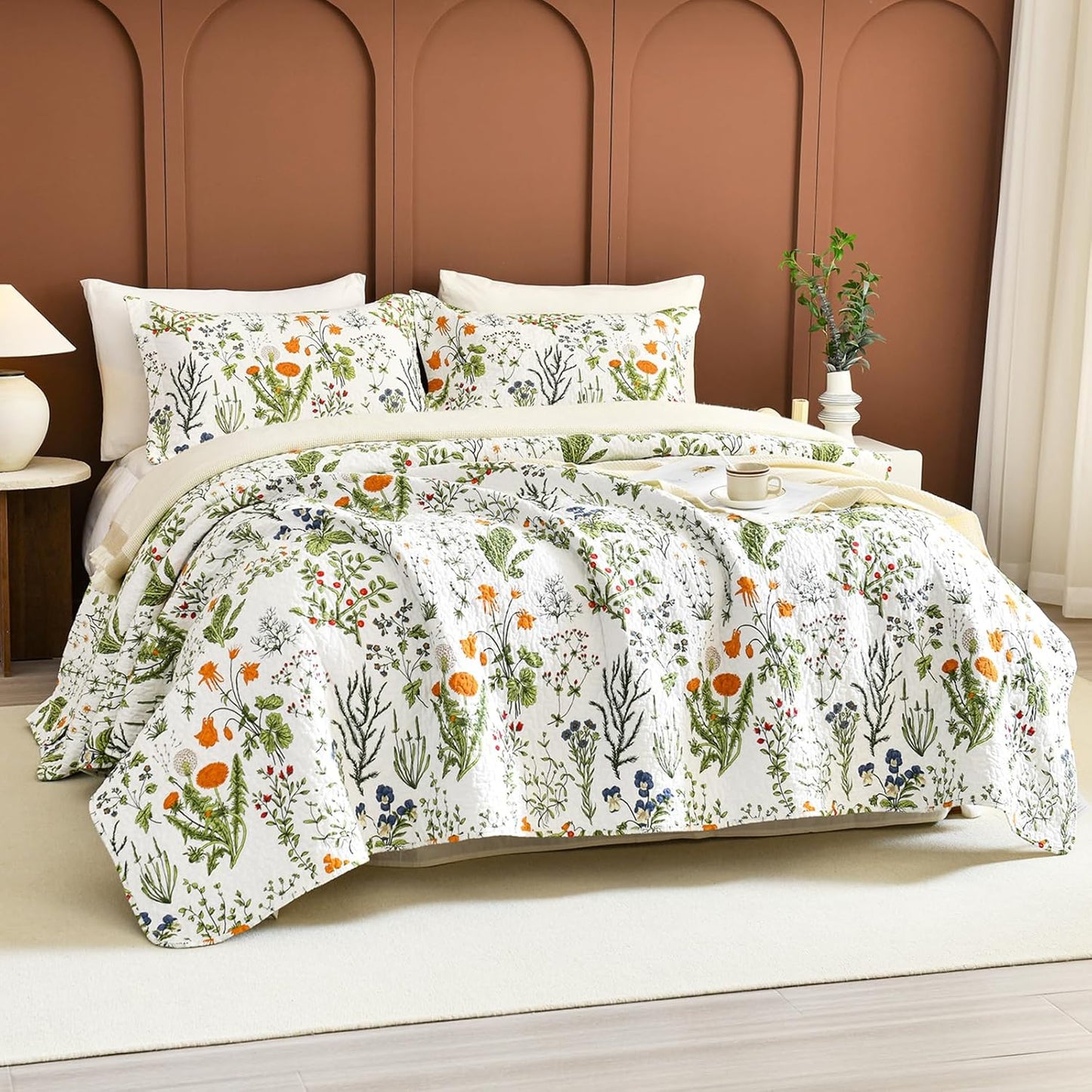 Lady Ann 100% Cotton Floral King Quilt Set - Yellow Flowers & Leaves Pattern Plant Botanical Printed Quilted Bedding, 3 Pcs Lightweight Extra Soft King Bedspread Coverlet Set for All Season