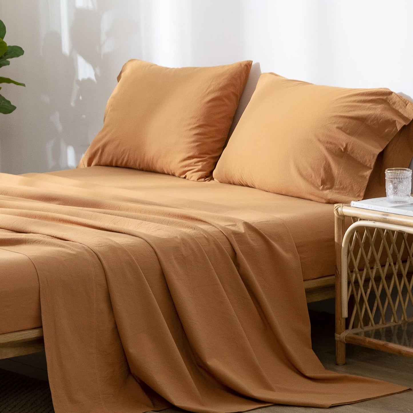 MooMee Bedding Sheet Set 100% Washed Cotton Linen Like Textured Breathable Durable Soft Comfy (Solid Burnt Orange, Queen)