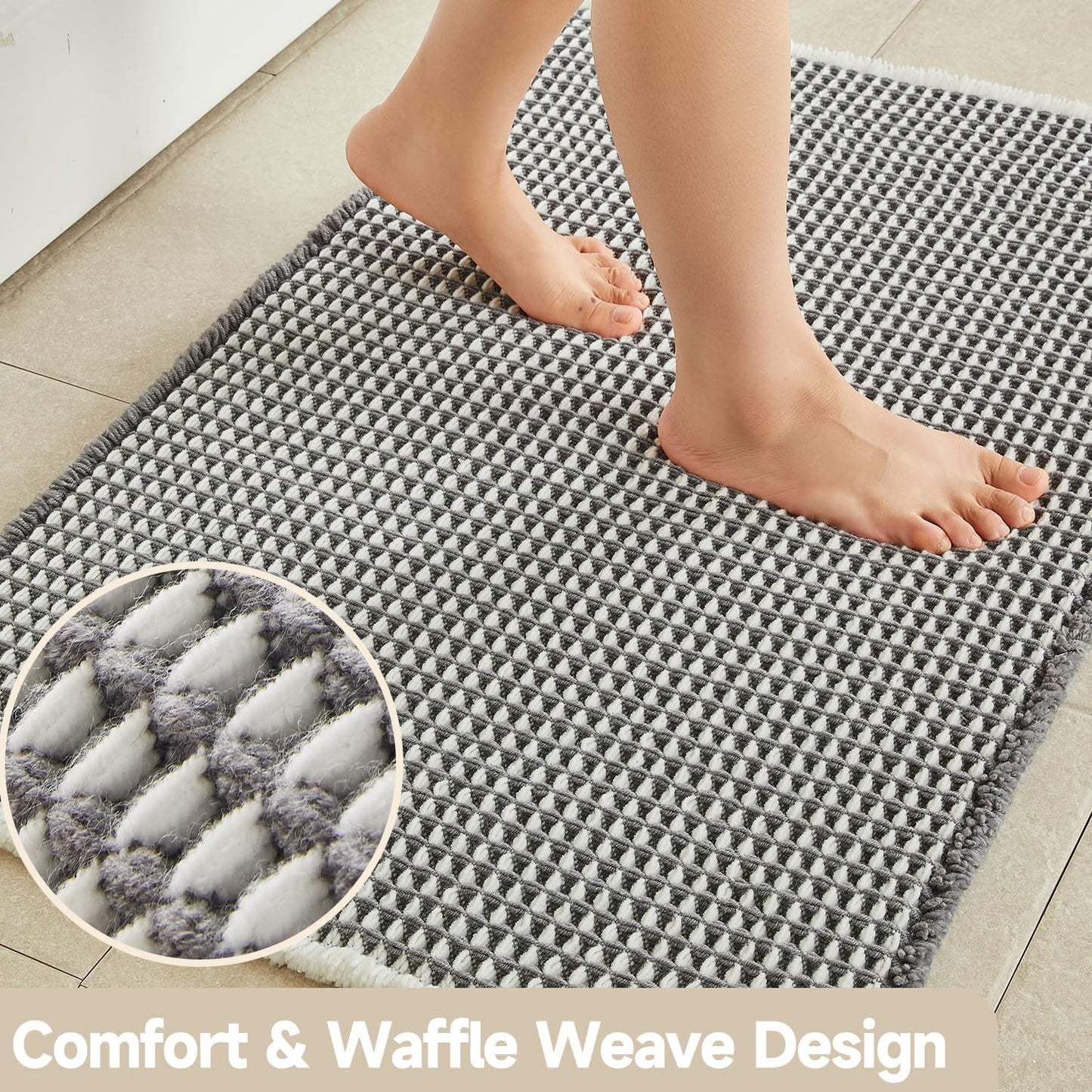 Waffle Bath Mat, Boho Bathroom Rugs Non Slip Washable Super Absorbent Quick Dry Bath Mat Farmhouse Bathroom Decor, 48"x24" Grey and White