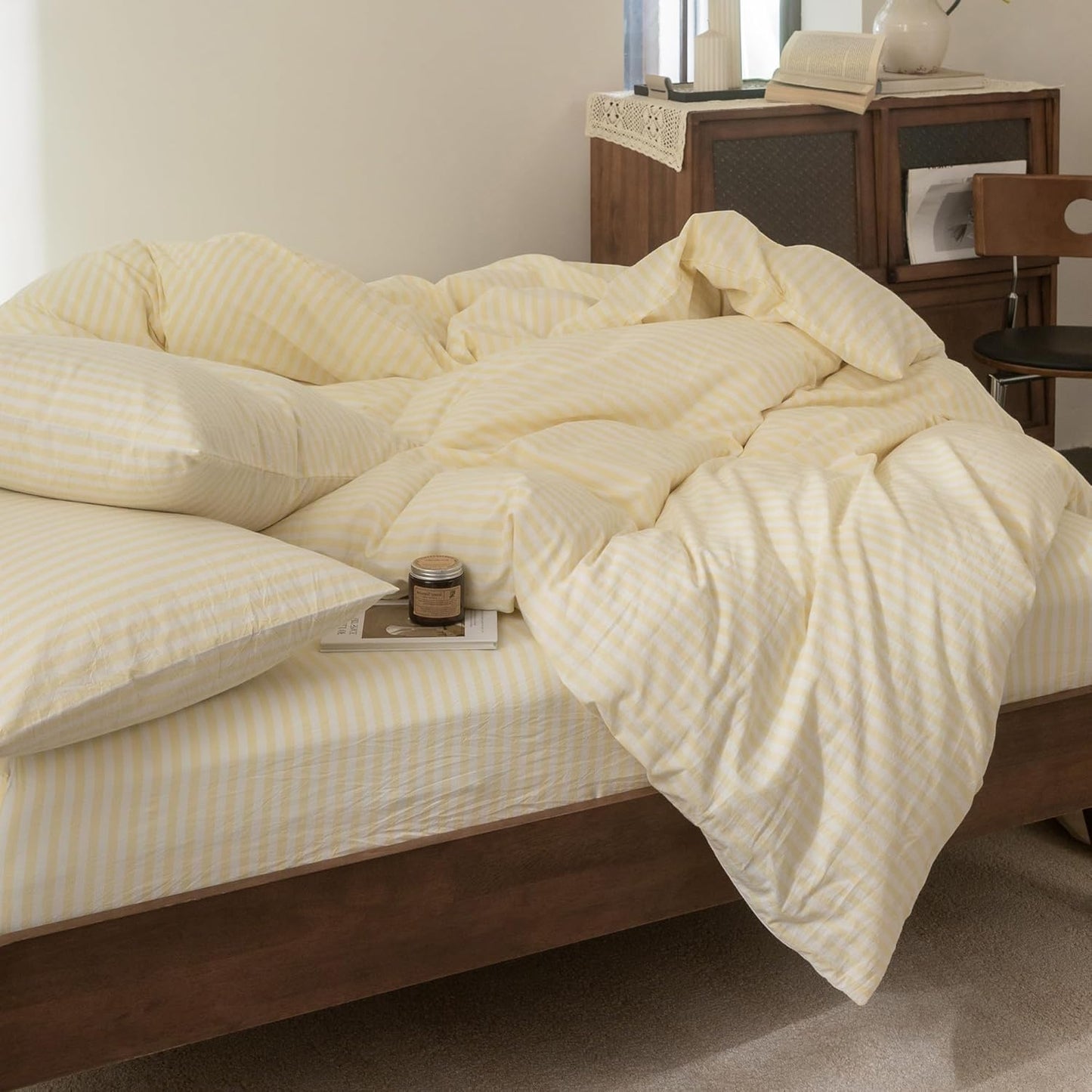 FOSSA Striped Duvet Cover Set 100% Washed Cotton Linen Feel Super Soft Breathable Cozy 3 Pieces Bedding Sets Pastel Yellow Classic Stripes King