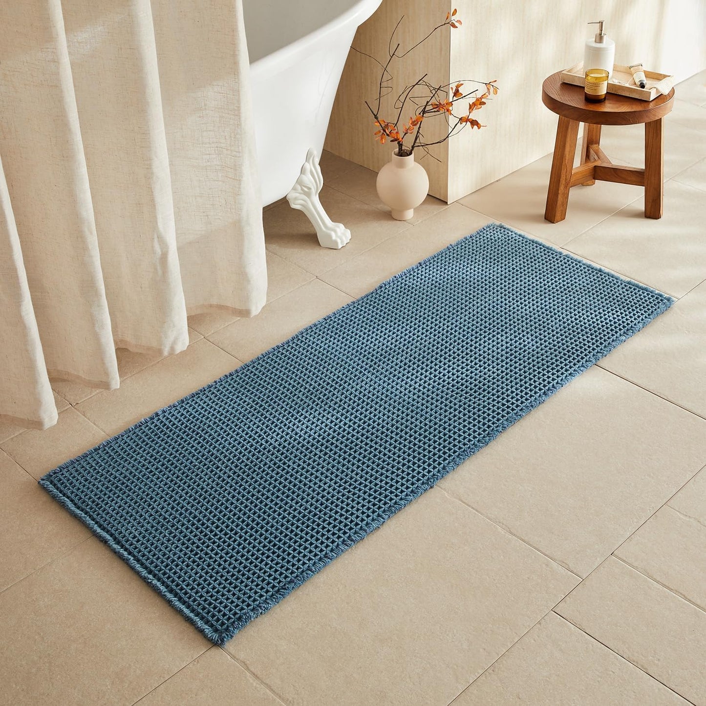 Waffle Runner Rug Bathroom, Long Boho Bathroom Rugs Non Slip Washable Super Absorbent Quick Dry Farmhouse Bath Decor, 60"x24" Denim Blue
