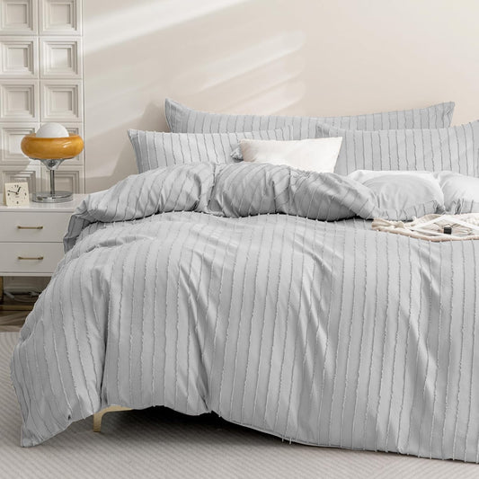 JELLYMONI Duvet Cover Twin Size Light Grey - 3PCS Boho Striped Duvet Cover Set Polyester Tufted Bohemian Textured Comforter Cover 68×90in with Corner Ties & Zipper and 2 Pillowcases