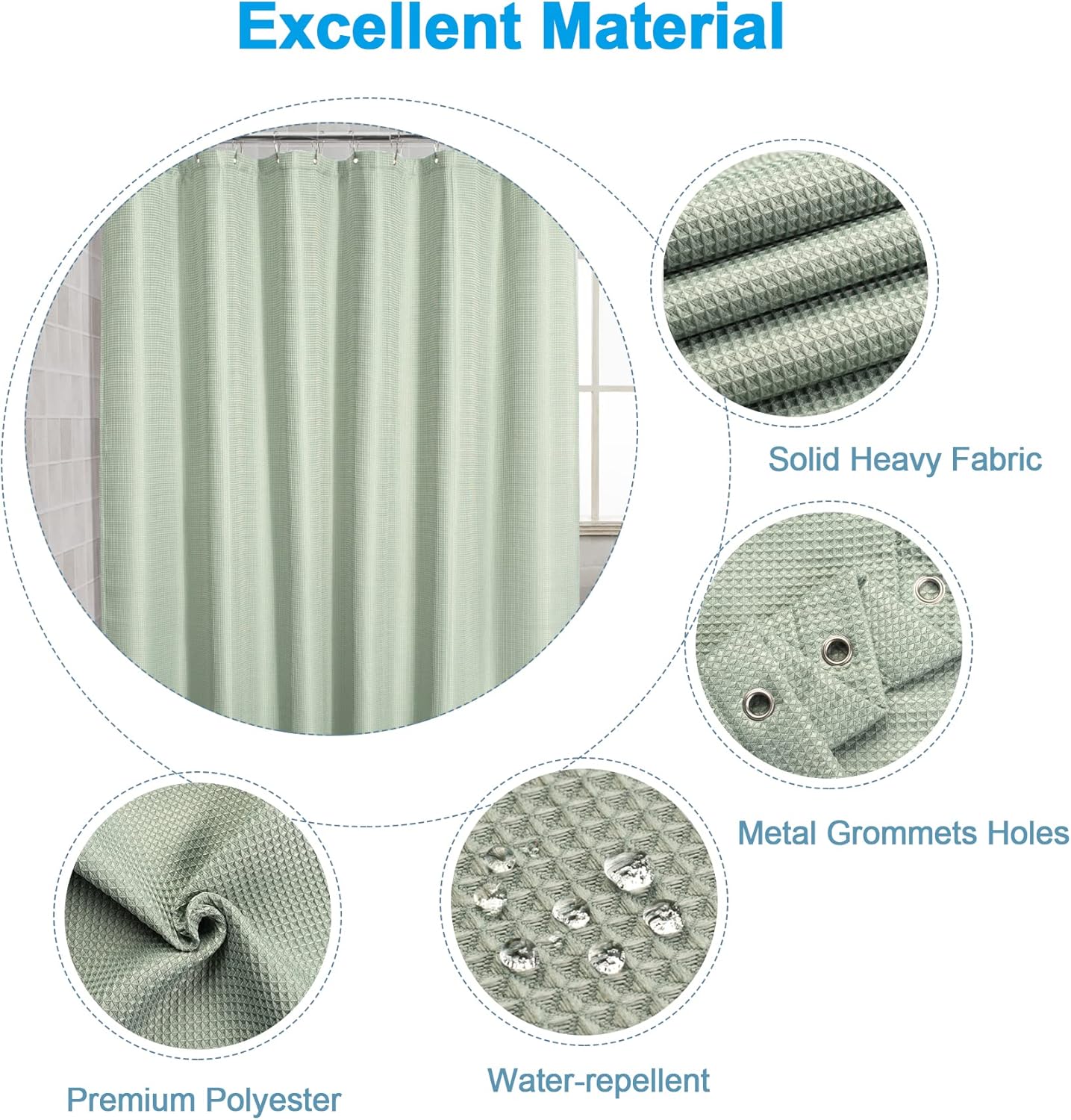 AmazerBath Waffle Stall Shower Curtain, Sage Green Shower Curtain Fabric, Hotel Quality Bathroom Shower Curtains, Heavy Duty, 36 x 72 Inches