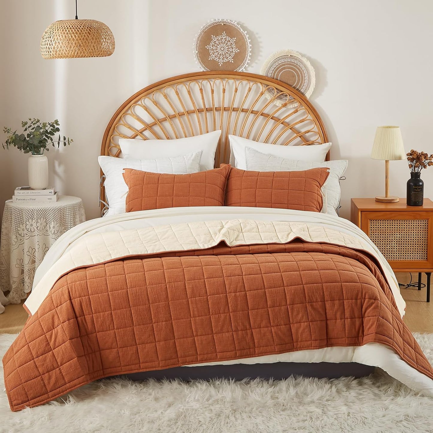 Cotton Quilt Bed Spreads, 3-Pieces Bedding Set with Coverlet Light Weight Quilt Blanket with 2 Pillow Shams (Burnt Orange, Queen)