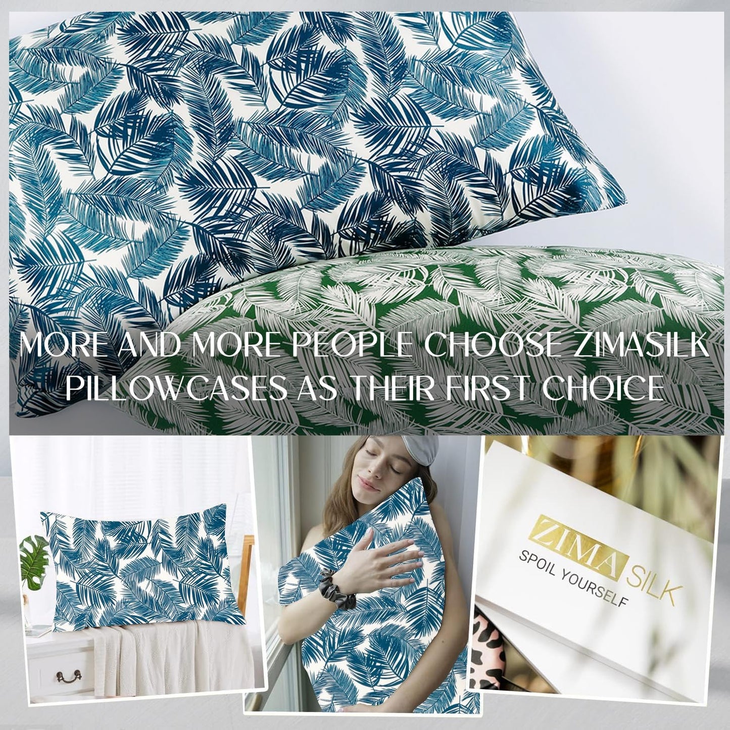 ZIMASILK 100% Pure Mulberry Silk Pillowcase for Hair and Skin Health,Both Sides 19 Momme Silk Floral Print,1pc (King 20''x36'',Blue Leaves)