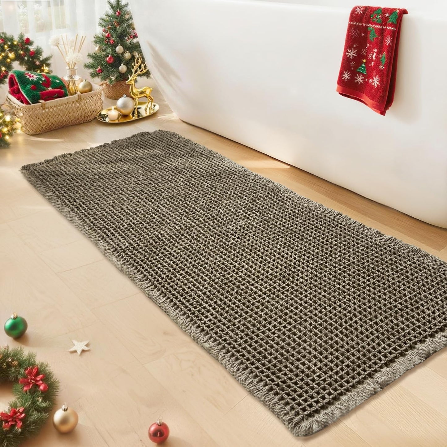Waffle Runner Bath Mat - Long Boho Bathroom Rugs Non Slip Washable, Super Absorbent & Quick Dry, Soft Bath Mat Farmhouse Bathroom Decor, 24'' x 72'', Olive Green