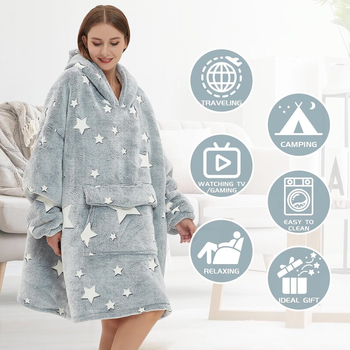 Glow in The Dark Wearable Blanket Hoodie for Adult,Oversized Sherpa Fleece Blanket Hoodie for Women Men,Luminous Stars
