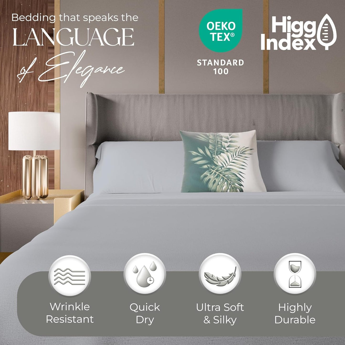 1200 Thread Count Cotton Rich Full Light Gray Sheets Set, Ultra Soft & Silky Luxury Sateen Bed Sheet, Moisture Wicking & Wrinkle Resistant (1 Flat Sheet, 1 Fitted Sheet & 2 Pillowcases)