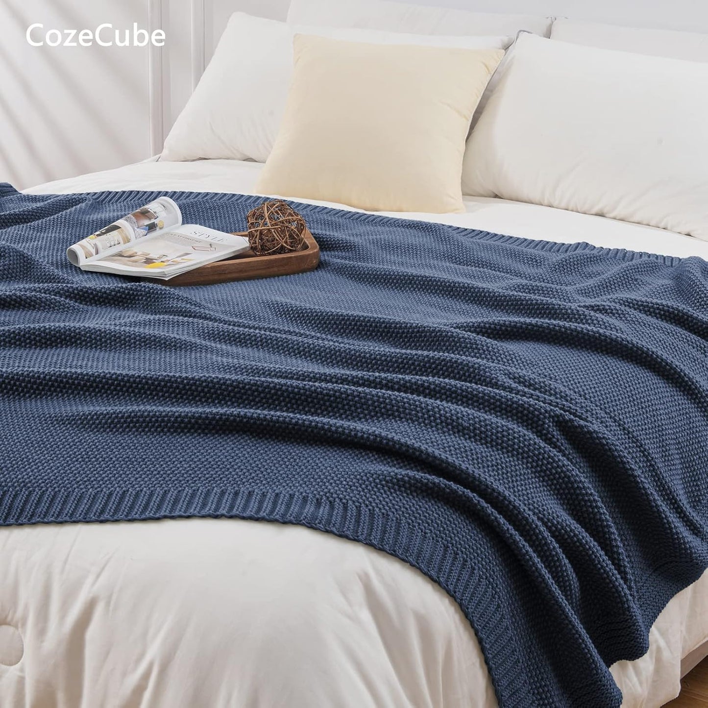 CozeCube Blue Throw Blanket for Couch, Soft Cozy Cable Knit Throw for Bed Sofa Living Room, Lightweight Warm Decorative Farmhouse Christmas Blanket, 50"x60", Dusty Blue