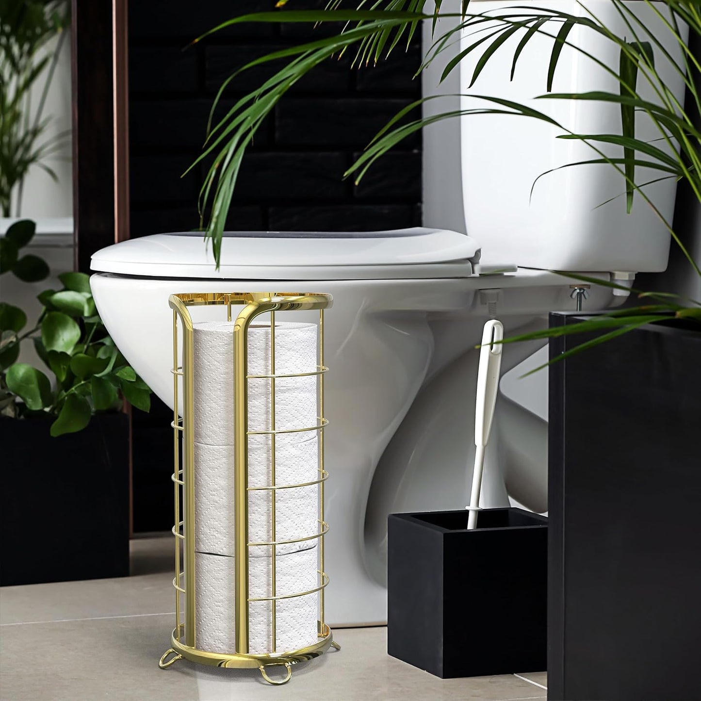 BROOKSTONE, Gold Toilet Paper Holder, Freestanding Bathroom Tissue Organizer, Minimalistic Storage Solution, Modern & Stylish Design [Holds MEGA Rolls]