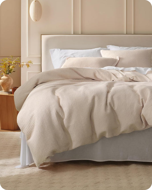 Bedsure Cotton Duvet Cover King - 100% Cotton Waffle Weave Beige Duvet Cover King Size, GentleSoft™ and Breathable Bedding Set for All Season, 3 Pieces, 104"x90"