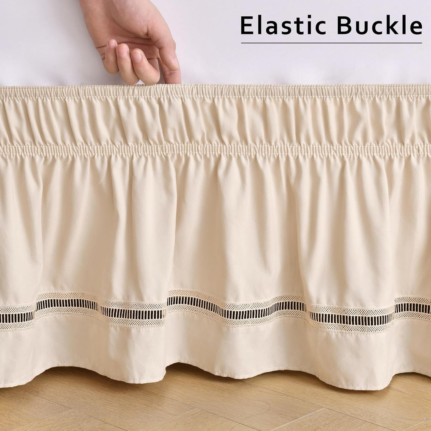 MIYE Wrap Around Ruffled Lace Bed Skirt, Elastic Dust Ruffle with Adjustable Belts, Easy to Put On, Bed Frame Cover, Machine Washable (Ruffled Lace/Light Beige, King/Queen-15 Drop)