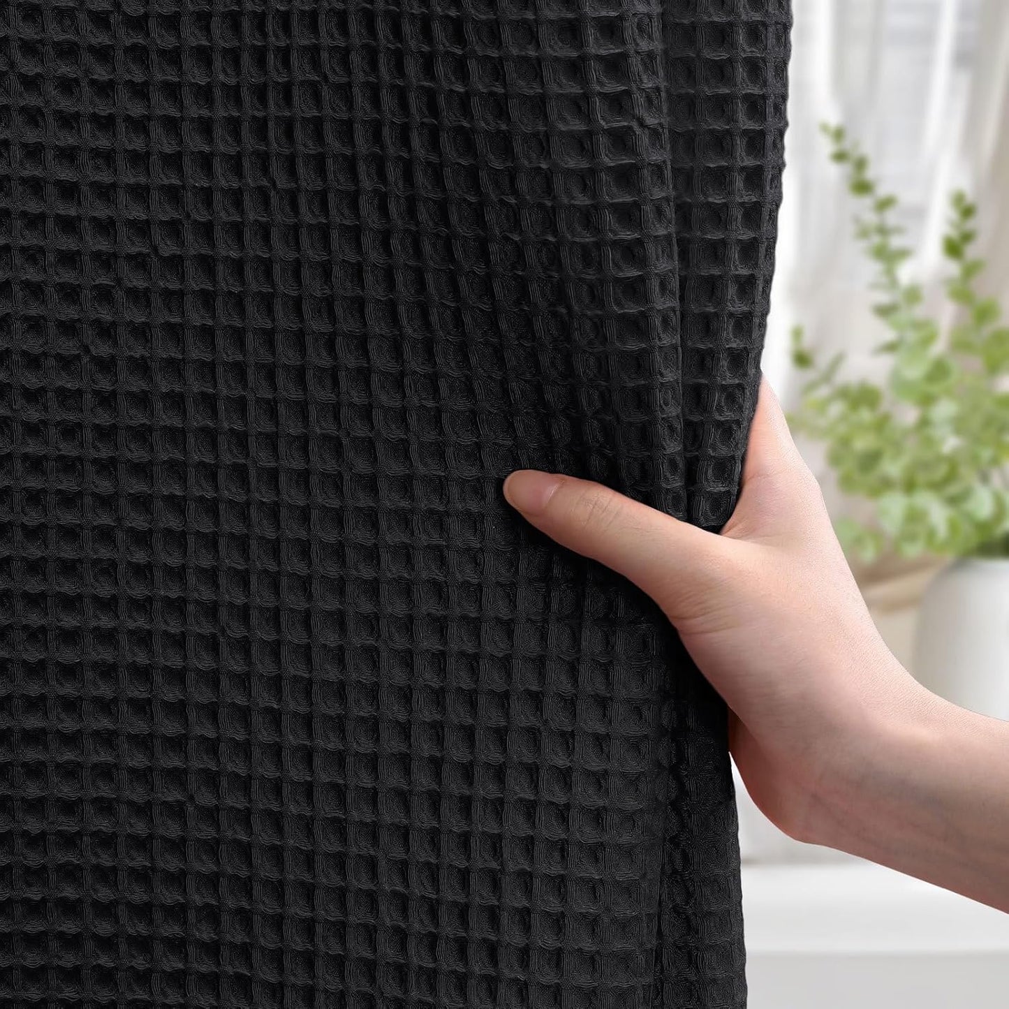 Extra Long Waffle Shower Curtain - Black Cotton Texture Fabric Heavyweight Shower Curtain for Bathroom,72Wx84L