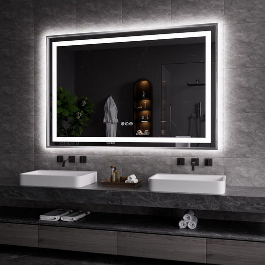 Amorho 60" X40" LED Bathroom Mirror, Brushed Nickel Framed Mirror with Front Light and Backlit, Stepless Dimmable, Anti-Fog, Shatter-Proof, Memory, 3 Colors