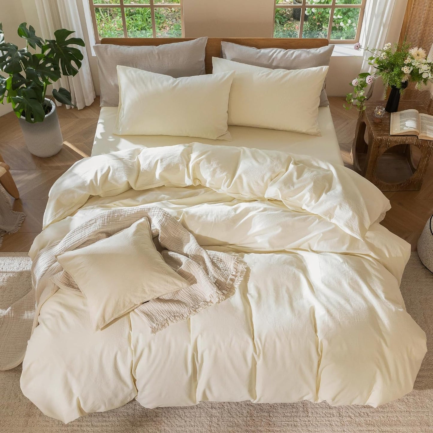 MooMee Bedding Duvet Cover Set 100% Washed Cotton Linen Like Textured Breathable Durable Soft Comfy (Solid Cream White, Super King Plus 120"x120")