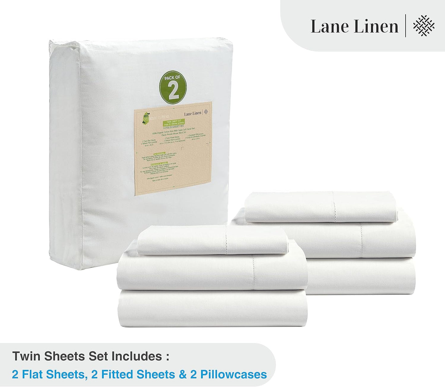 LANE LINEN 100% Organic Cotton Twin Sheets Set, 6Pc Twin Bed Sheets, Breathable Cotton Sheets Twin Size Bed Set, Dorm Room Essentials with 15" Deep Pocket Fitted Sheet - White Twin Sheets (2 Pack)