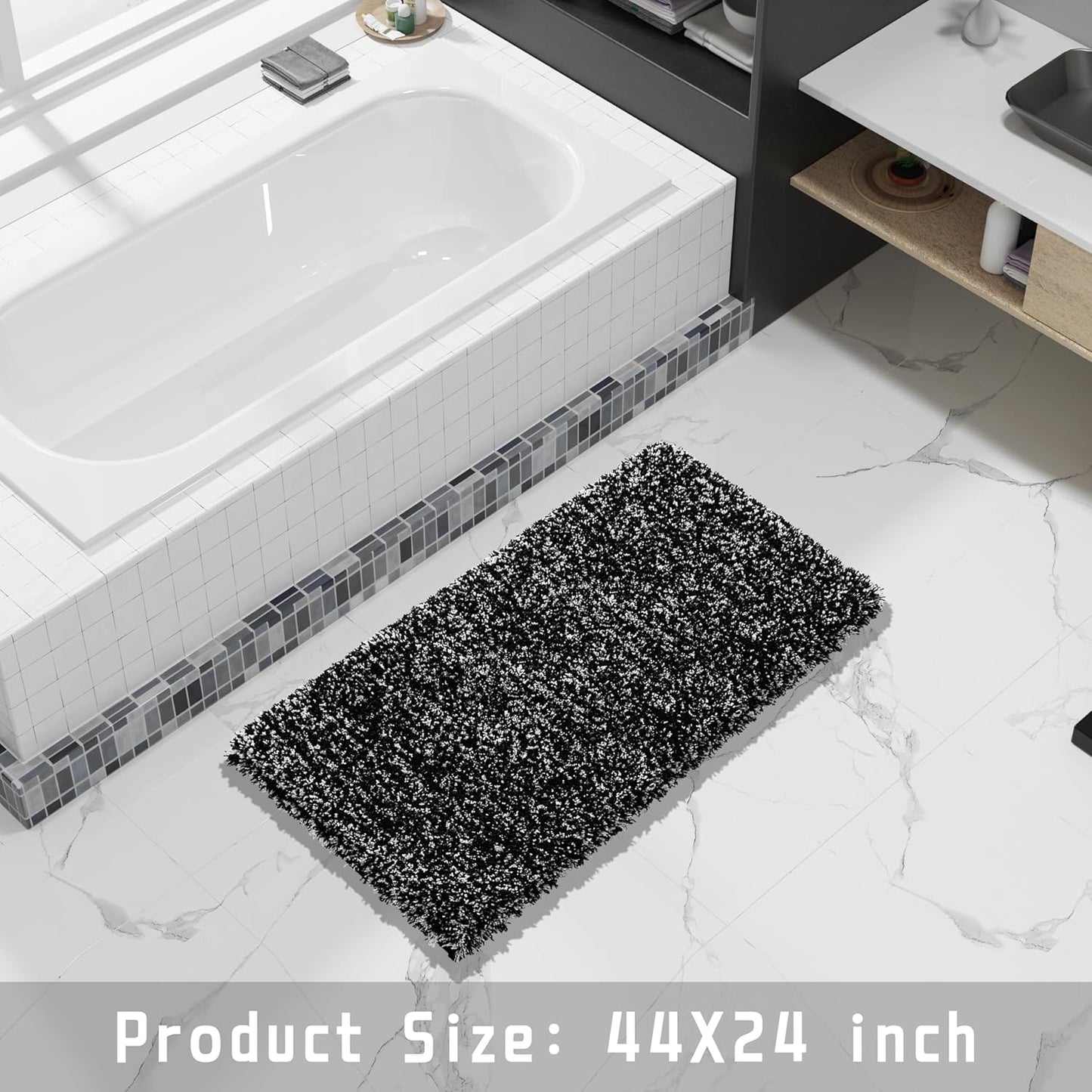 Yimobra Black and White Bathroom Rugs, Luxury Fluffy Bath Mats, Non Slip, Water Absorbent Microfiber, Machine Washable, Plush Runner Carpet Shower Rugs, Thick Matts for Bathroom Floor&Tub, 44"x 24"
