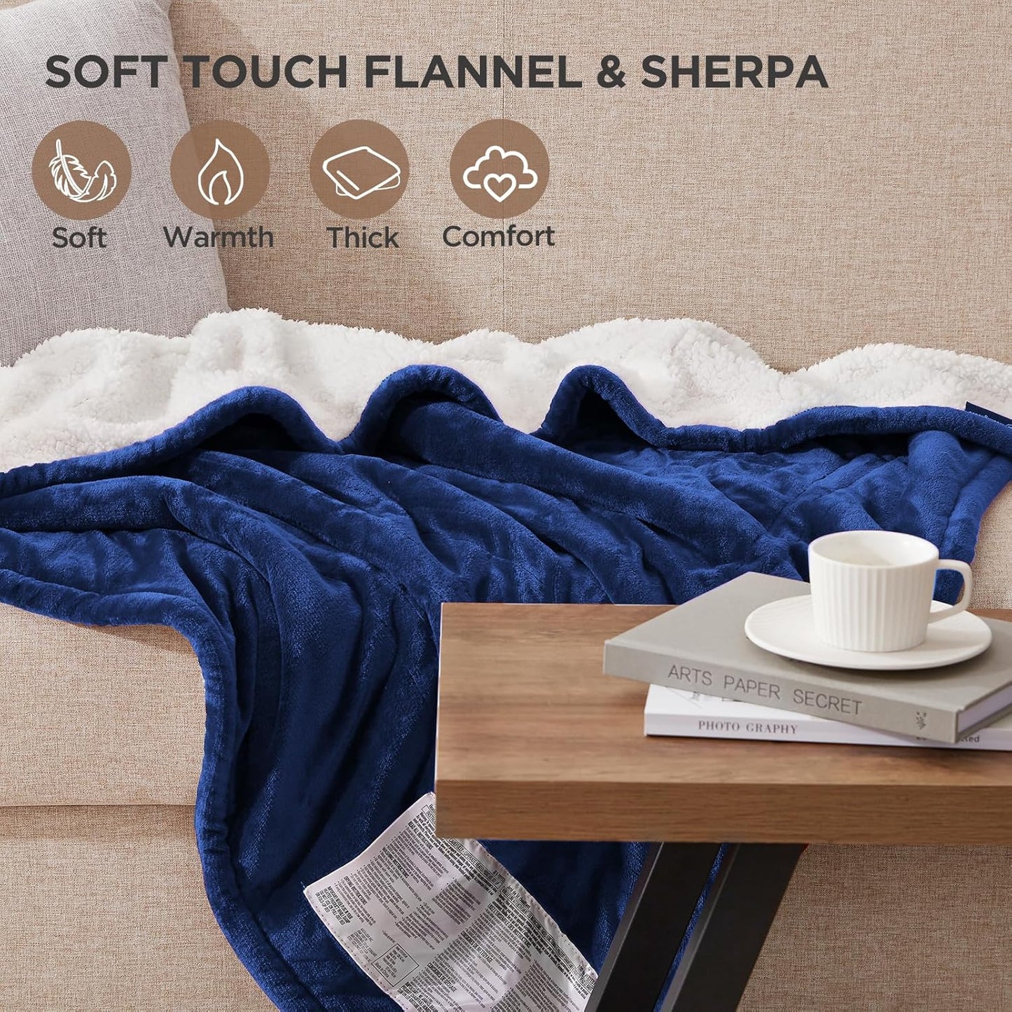 Westinghouse Electric Blanket Heated Throw | 6 Heating Levels & 4 Hours Auto Off | Flannel to Sherpa Reversible 50x60 | Machine Washable, Navy Blue