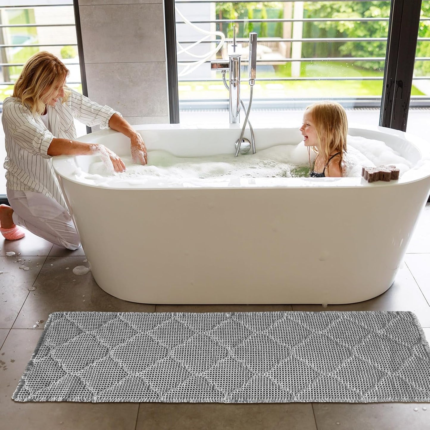 ZALL Waffle Bath Mat,Super Absorbent Non Slip Bathroom Rug,Grey 24X72inch, Geometric Diamond Machine Washable Ultra Soft Floor Mats Gray