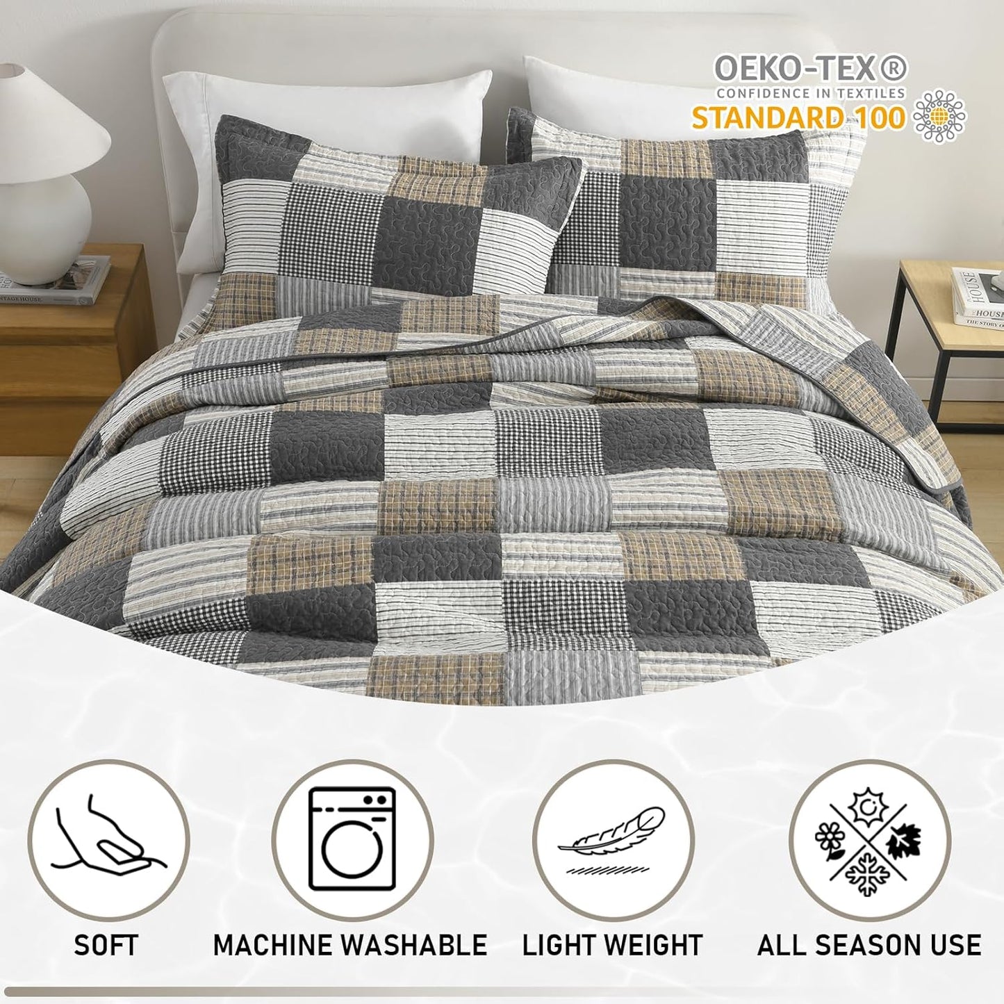 KALOOLA Plaid Quilts Queen Size, 100% Cotton Soft Lightweight Bedding Set 3 Pieces, Farmhouse Quilted Bedspread with 2 Pillowshams for Queen Bed, Grey White Black Coverlet for All Season