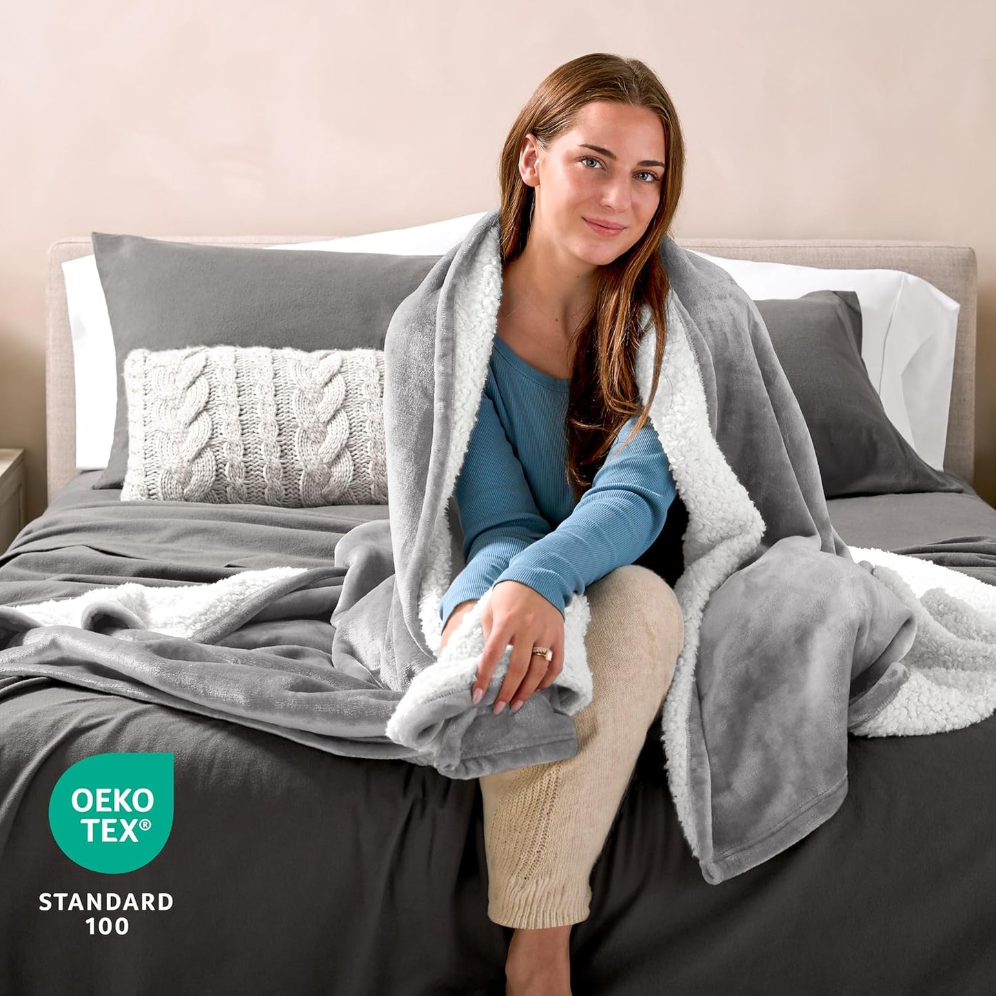 Bare Home Sherpa Fleece Blanket - Throw/Travel Size - Blanket for Bed, Sofa, and Couch - Warm & Lightweight - Fluffy & Soft - Reversible (Throw/Travel, Light Grey)
