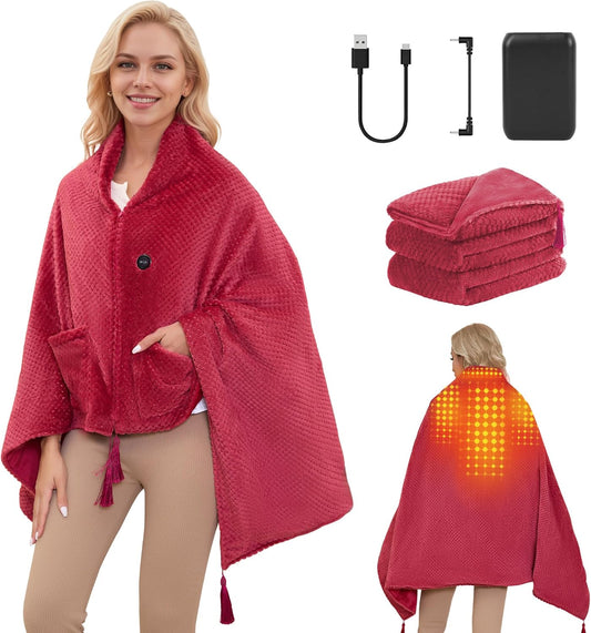 Electric Heated Blanket Battery Operated, Portable Heated Shawl for Neck and Shoulders and Back, Heating Blanket with Zipper and Pockets, 20000mAh, 3 Heating Levels, up to 8 Hours