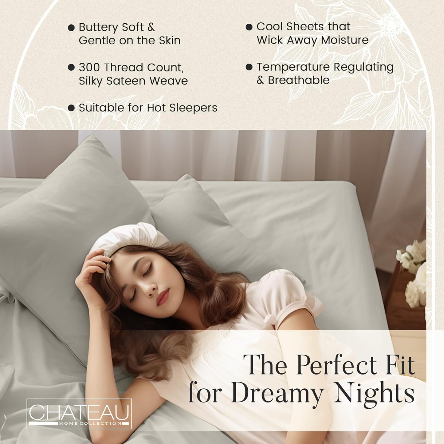 Organic Cotton Sheets Queen Size Bed Set Deep Pockets, 4 PC Cotton Queen Sheet Set, Soft Breathable Sateen Weave Elasticated Sheet & Pillowcase Sets, No Pill & Shrink, Machine washable- Silver