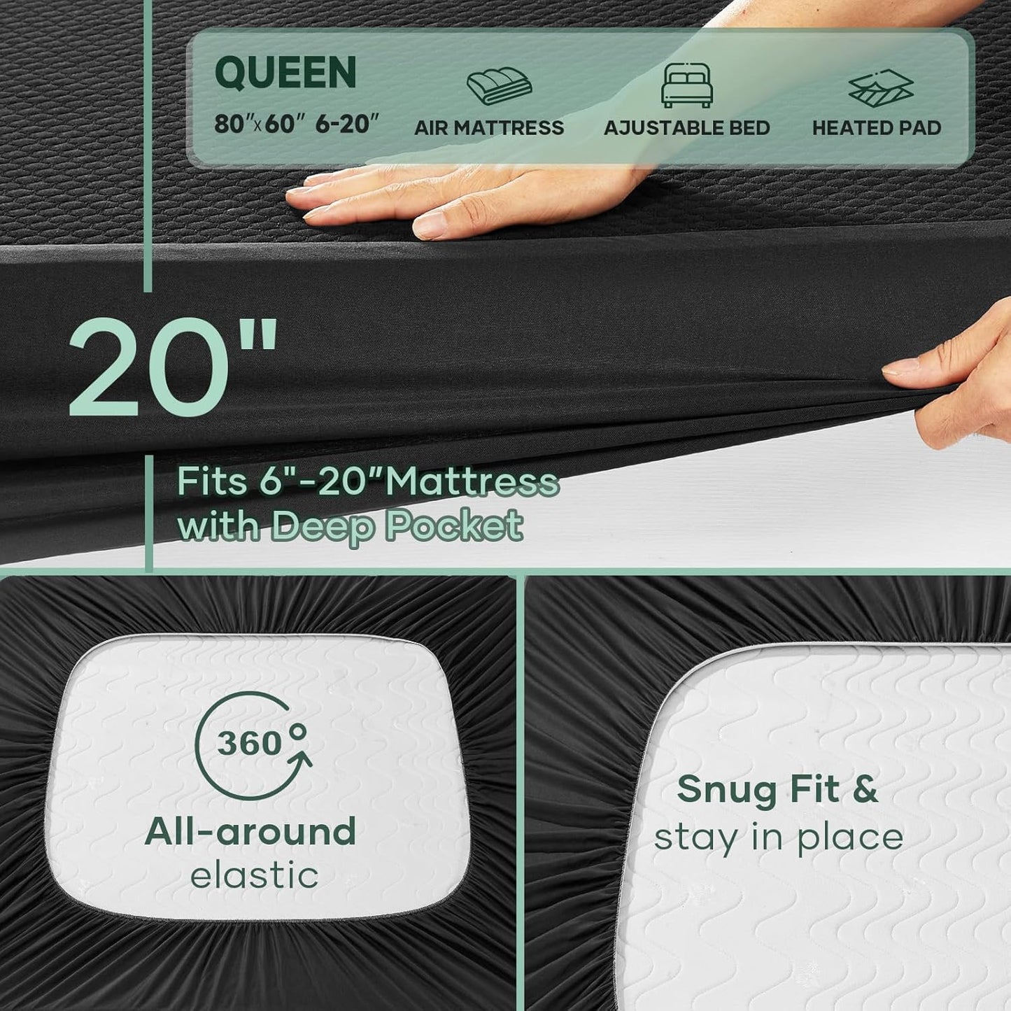 OhGeni 100% Waterproof Mattress Protector, Queen-Black Size Mattress Pad, Fits 6"-20" Mattresses with Deep Pocket, Cooling, Breathable Fitted Sheets, Soft Bed Cover, Noiseless, Machine Washable