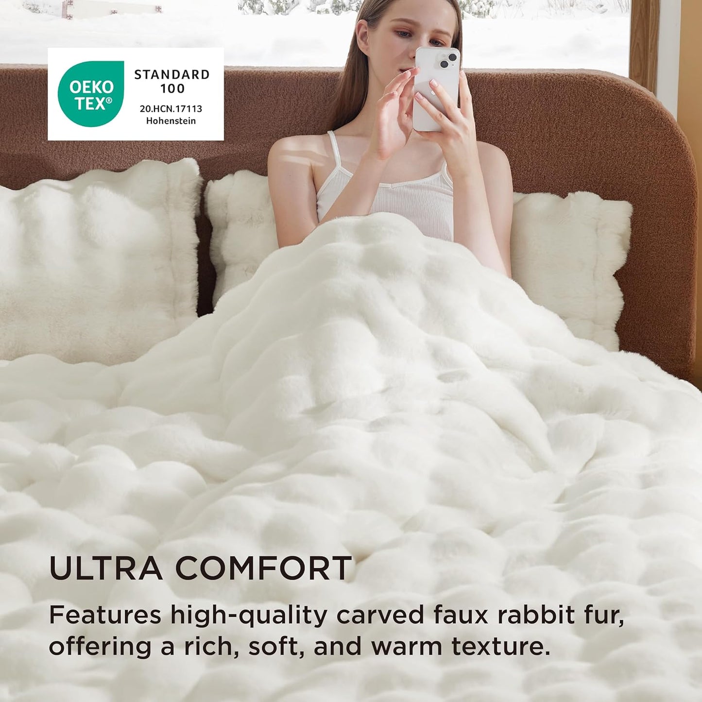 Bedsure Luxurious Faux Fur Duvet Cover Queen Size Set - Ultra Soft & Fluffy & Cozy & Warm - Elegant Shaggy Bubble Design Bedding with Duvet Cover and Pillow Shams, Coconut White