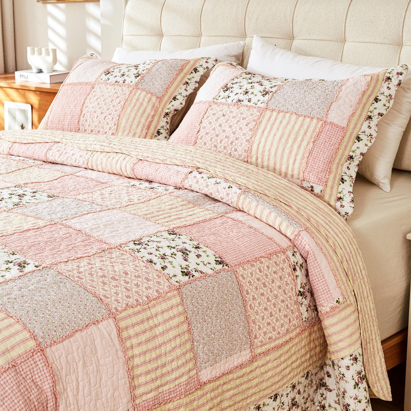 Cmfshape Floral Quilt Sets Bedspread Set 100% Cotton Patchwork Bedding Set, All Season Use Lightweight Reversible Coverlet Quilts with 2 Pillow Shams(Queen 92"x96")