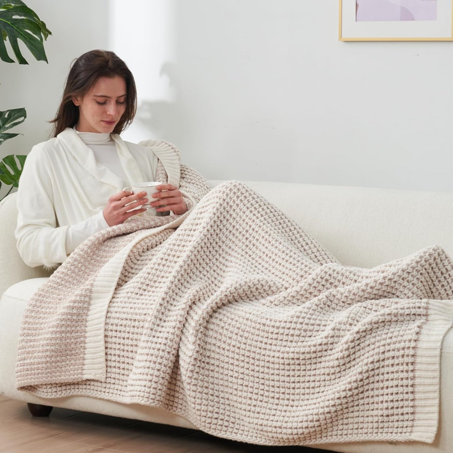 Amélie Home Waffle Chenille Throw Blanket for Couch, Pineapple Stitch Knit Soft Cozy Knit Blanket Decorative Throw for Sofa, Chair, 60"x80", Beige&Ivory