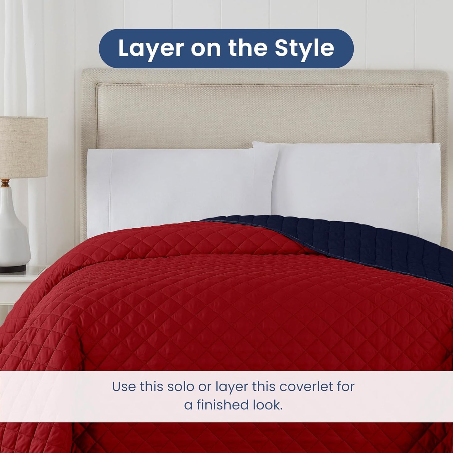 Martex Reversible Coverlet – King Bed Quilt – Lightweight King Size Bedding – Durable King Size Quilts for Bed – Soft - Easy Care Bedding – Red/Navy