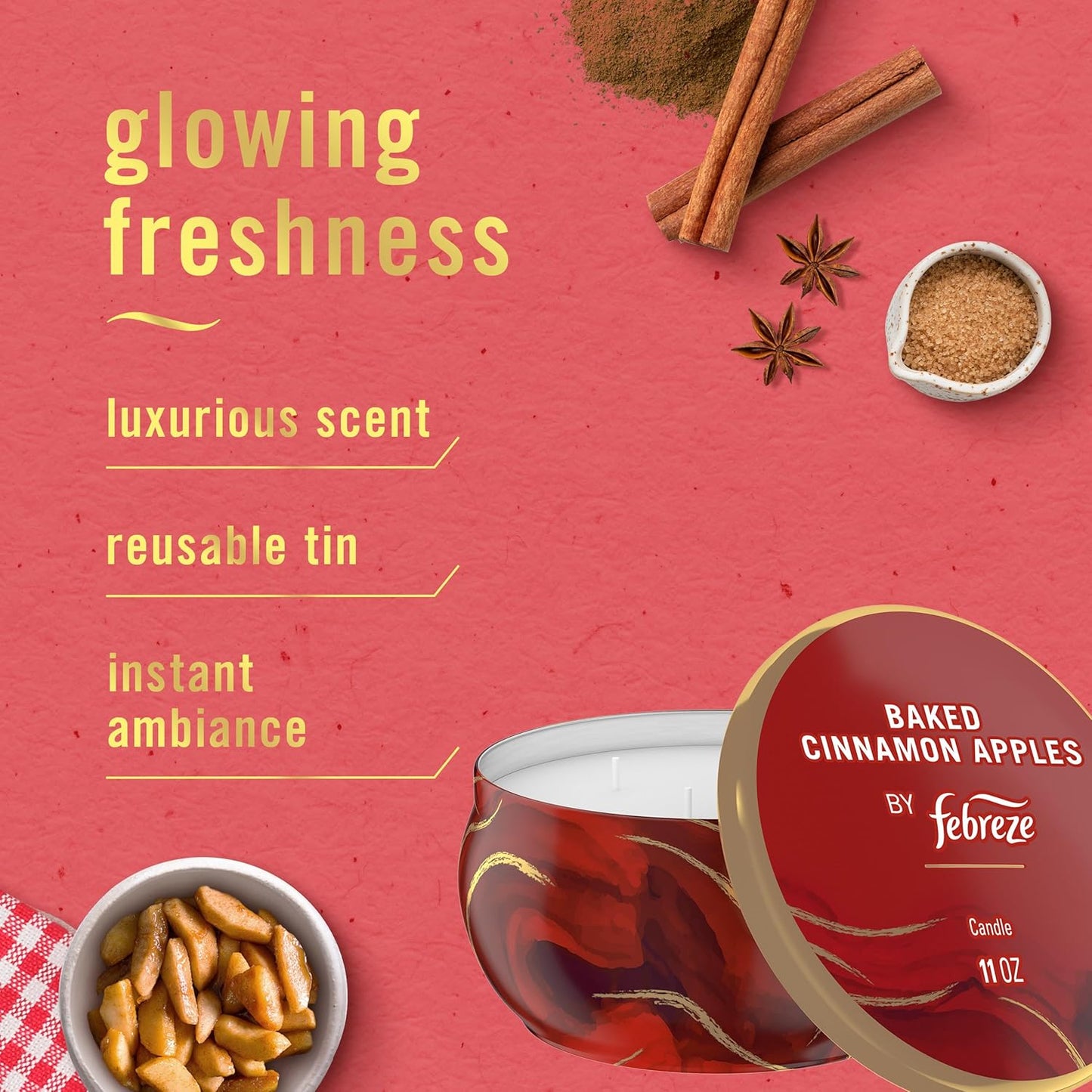 Febreze Scented Candle, Baked Cinnamon Apples Scent, 11 oz 4 Wick Candle, Single Pack