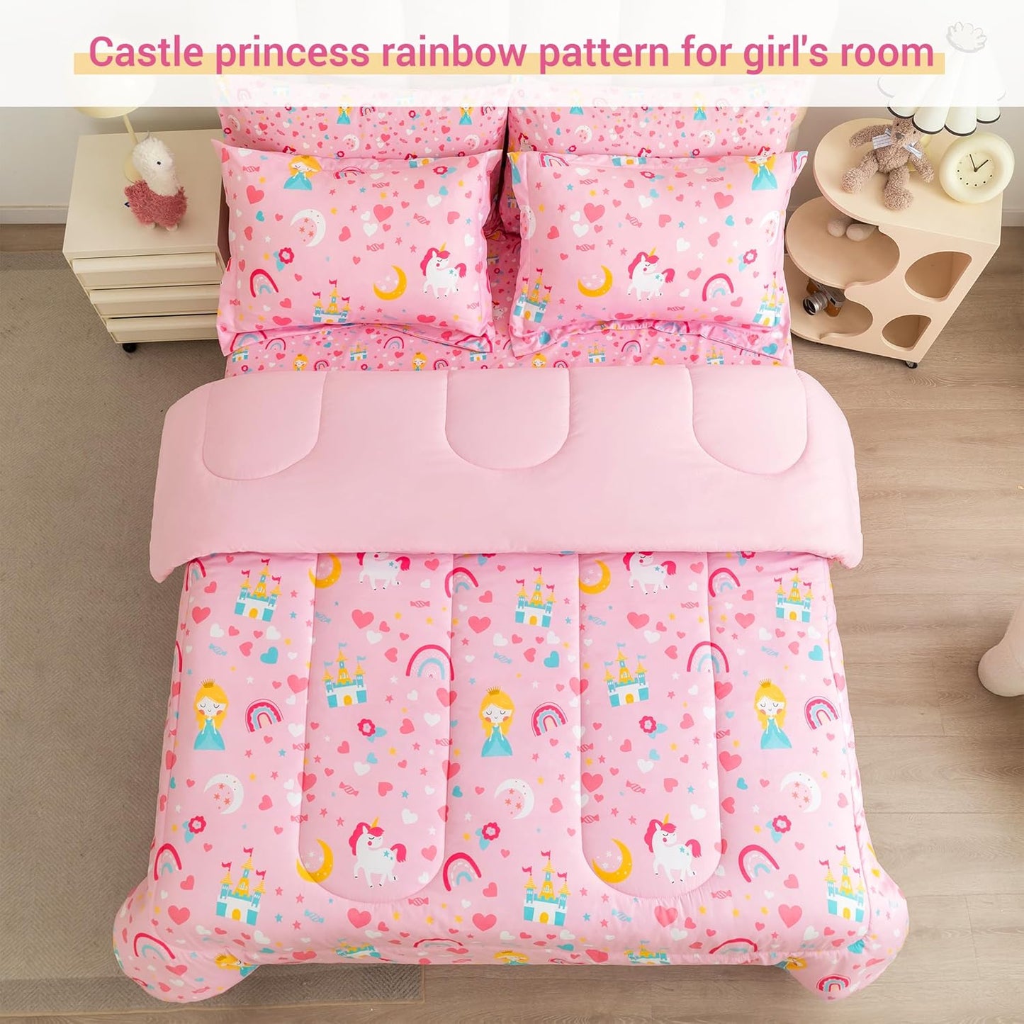 Viviland Kids Twin Bedding Sets for Girls, Soft Twin Comforter Set with Sheets, 5 Pieces Microfiber Bed in a Bag, Pink Castle Unicorn