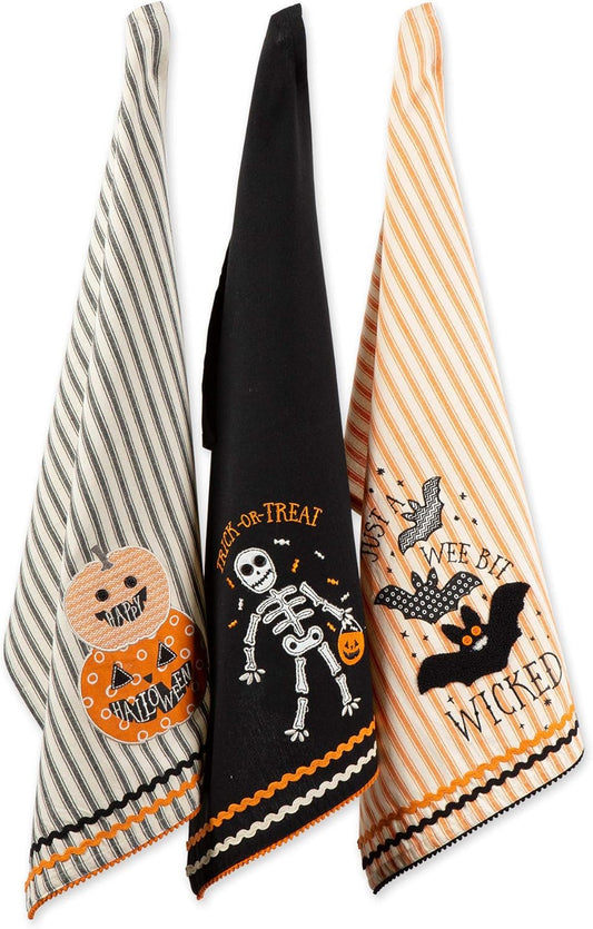 DII Happy Halloween Dishtowel Collection Embellished Cotton Kitchen Hand Towel Set, 18x28, Trick or Treat Skeleton, 3 Count