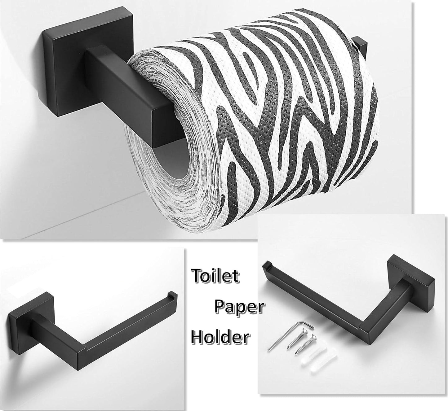 SHUNLI Black Toilet Paper Holder + Hand Towel Holder, 2 Pieces Bathroom Hardware Accessories Set, Towel Ring Towel Bar Wall Mounted, SUS304 Stainless Steel