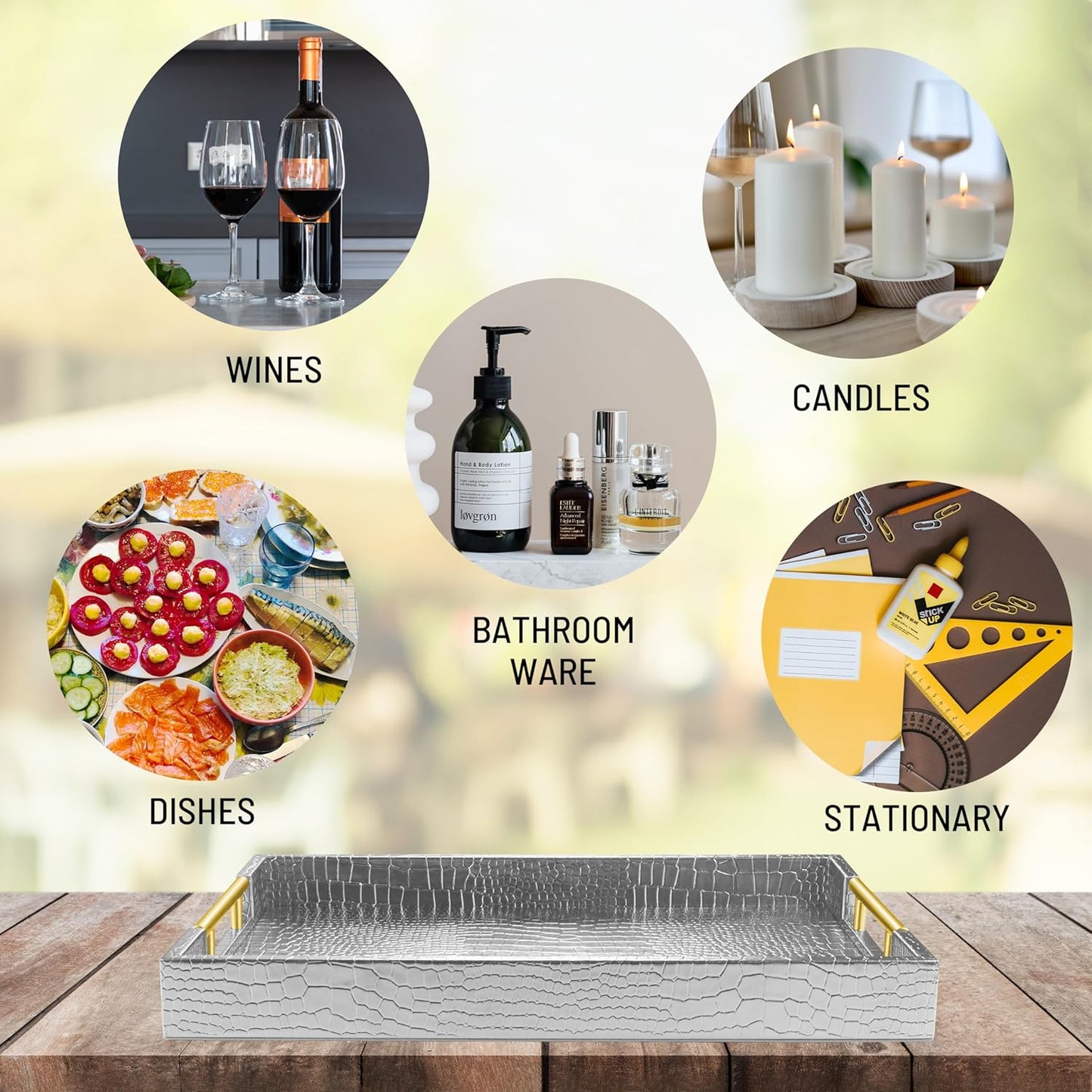 17" x 12" Wood Serving Tray with Gold Polished Metal Handles, Home Decorative Wooden Rectangle Ottoman Leather Decor Platter Bathroom Vanity Tray for All Occasions Alligator Silvery