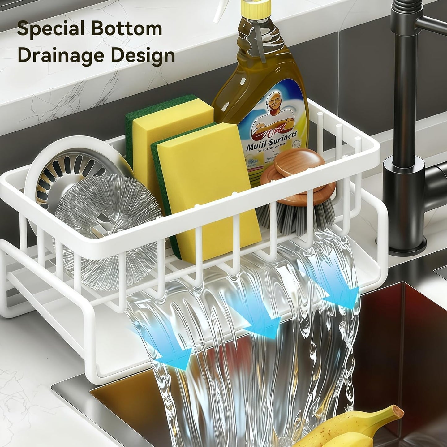Sponge Holder for Kitchen, Sink Caddy Organizer Rack for Kitchen Accessories, Soap Dispenser Countertop Organizer Essentials for Home (White)