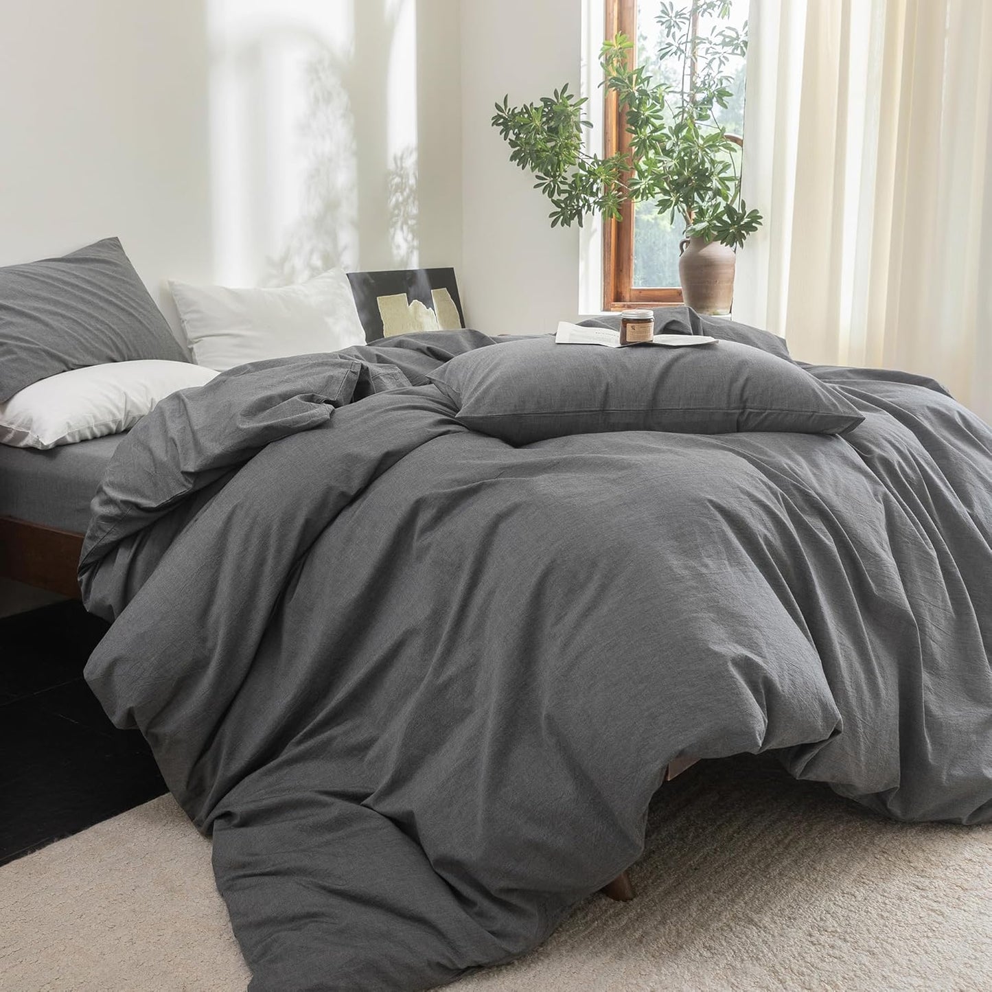 FOSSA Duvet Cover Set 100% Washed Cotton Linen Feel Super Soft Breathable Cozy 3 Pieces Bedding Sets Solid Dark Grey Super King